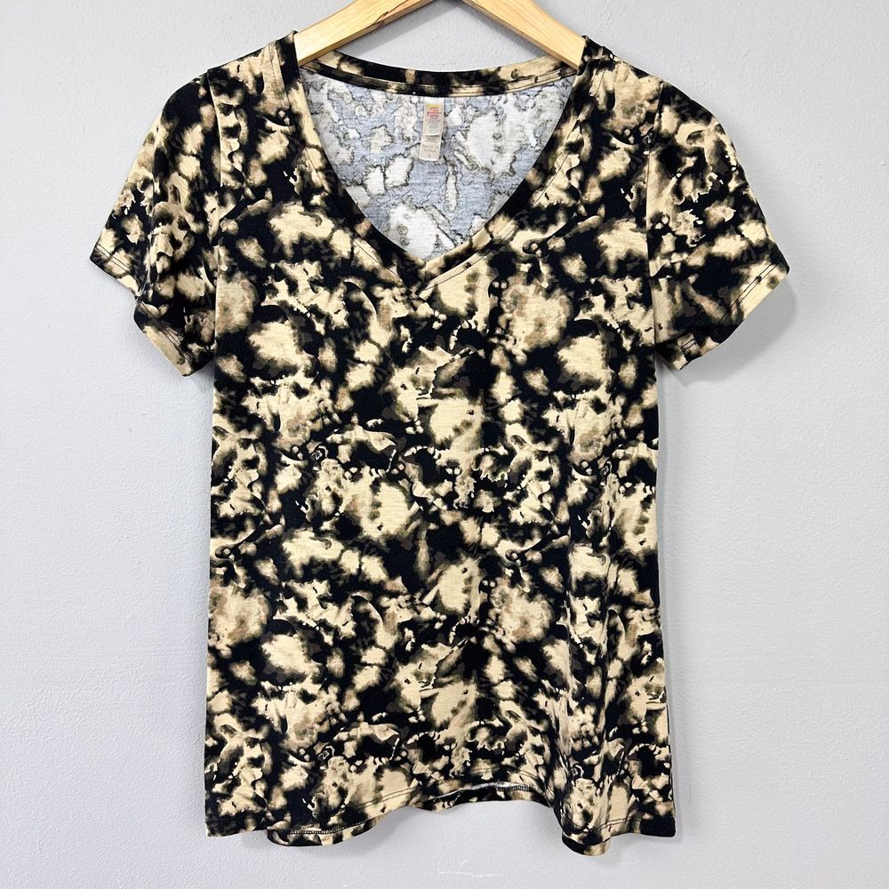 LuLaRoe Tie Dye V-Neck T-Shirt Marble Camo Casual Top Size S Beige Black Western